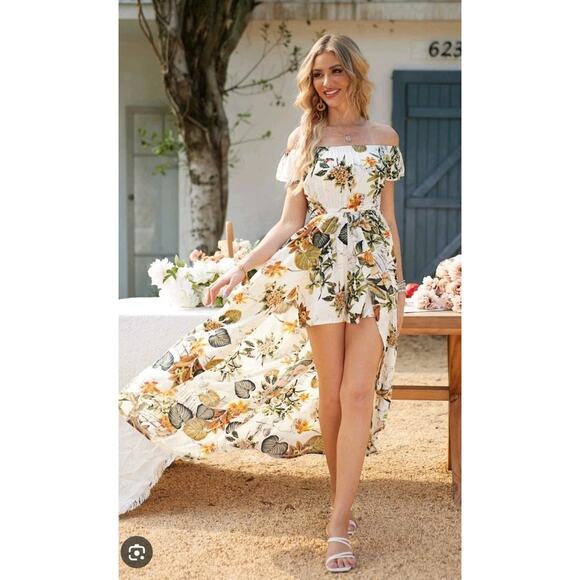 Biubiu Women's Off Shoulder Floral Romper With Maxi Overlay Sz 3X Beach Coastal - Picture 1 of 7